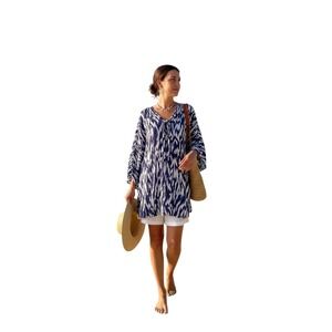 Anne Cole Blue White Ikat Print Tunic Cover Up Dress Long Sleeve V Neck XL XXL